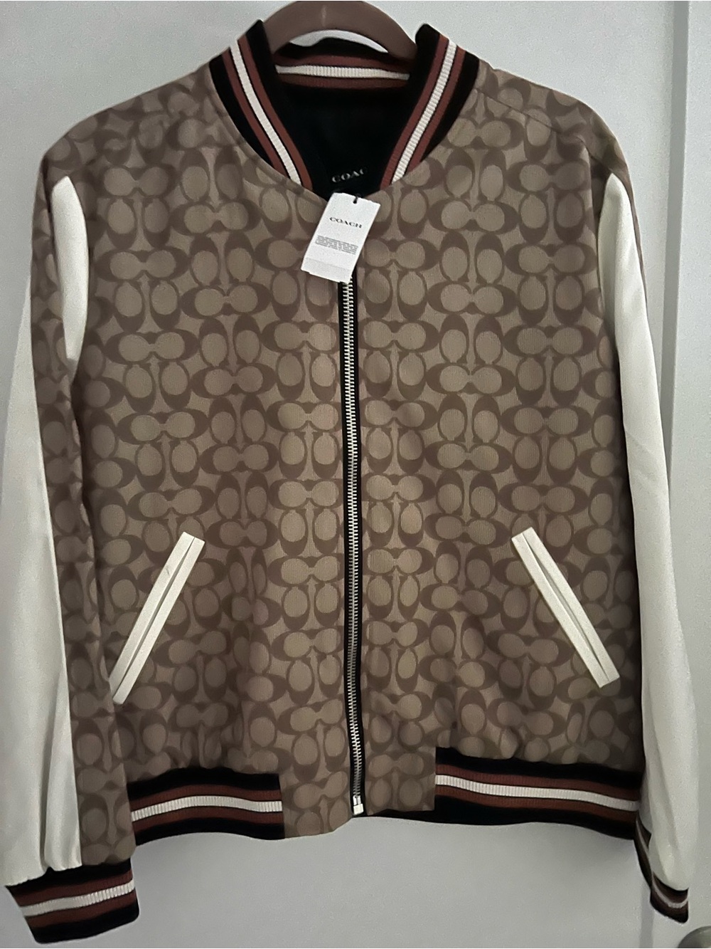 Coach Signature Bomber Jacket in Tan and Cream nwt